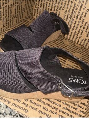 Toms Black Textured Wedge Slingback Sandals